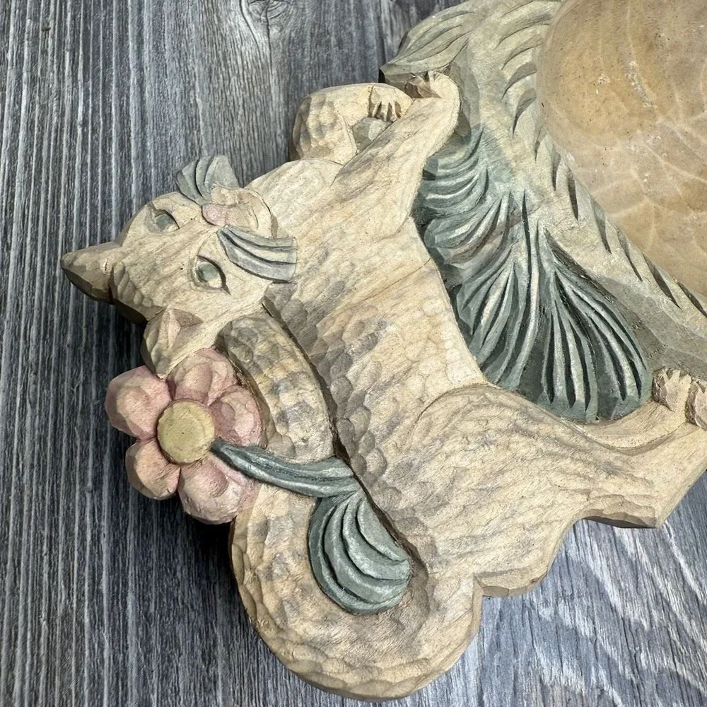 VTG Carved Wooden Cat Trinket Bowl Or Ashtray Signed
